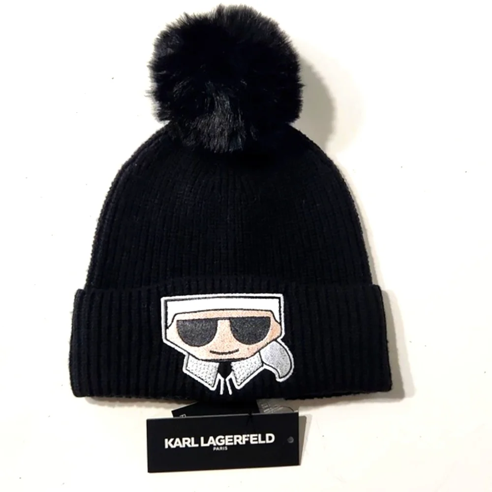 NWT Karl Lagerfeld Black Rhinestone Faux Fur Pom-Pom Beanie